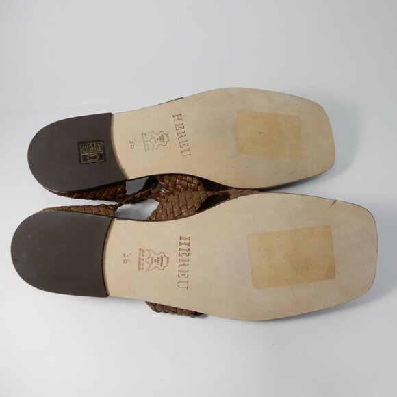 HEREU Serra Woven Square Toe Flat Sandals Size 36 5.5 Brown Leather NEW - Picture 13 of 16